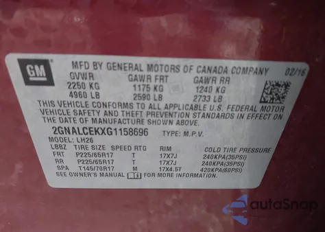 2016 Chevrolet Equinox Lt z USA, uszkodzony, nr VIN 2GNALCEKXG1158696